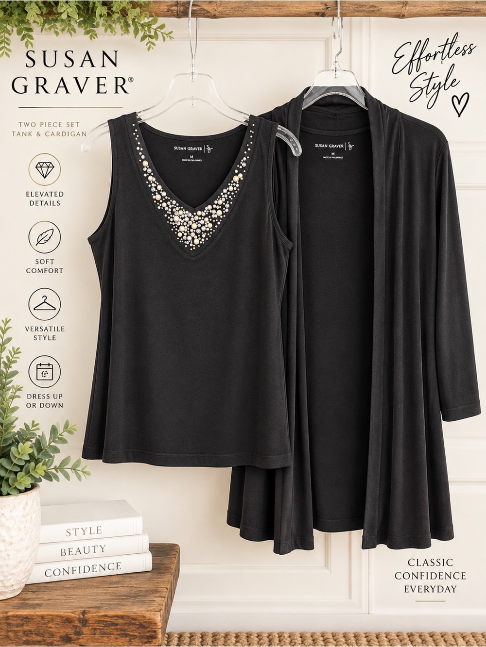 Susan Graver Black Embellished Tank Cardigan 2 Piece Set Women’s M